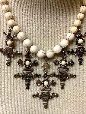 Chan Luu Ivory Bone Beaded Necklace with Antique Silver Tuareg Crosses Charms
